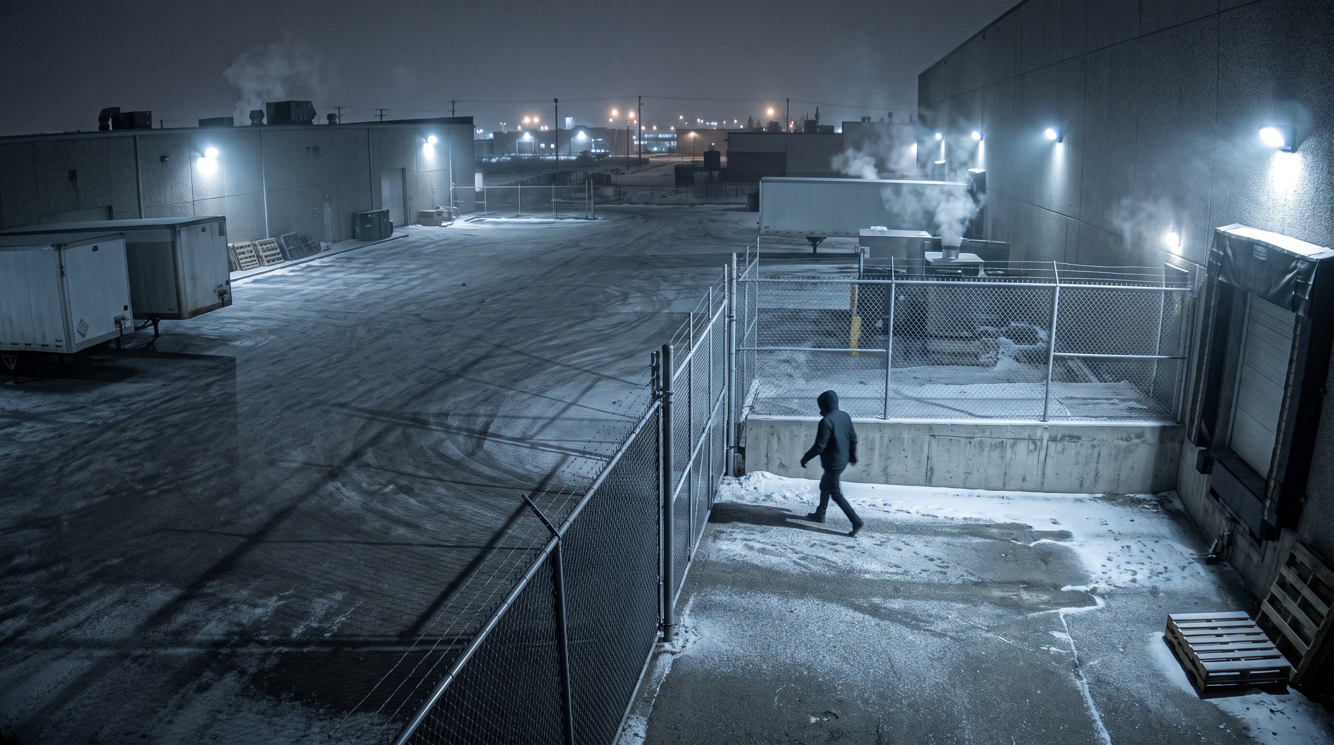 Security camera view — an intruder crossing a fenced yard at night
