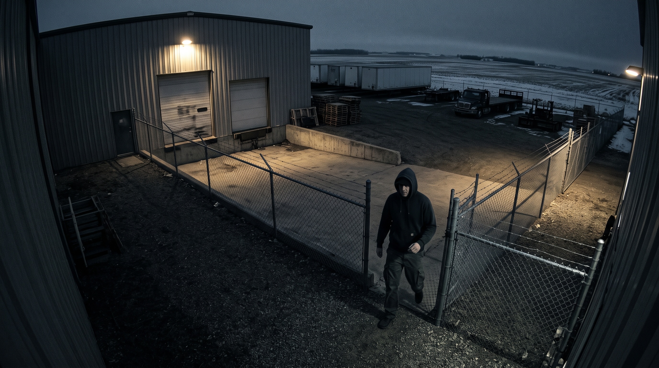 Security camera view of an intruder at a fence line