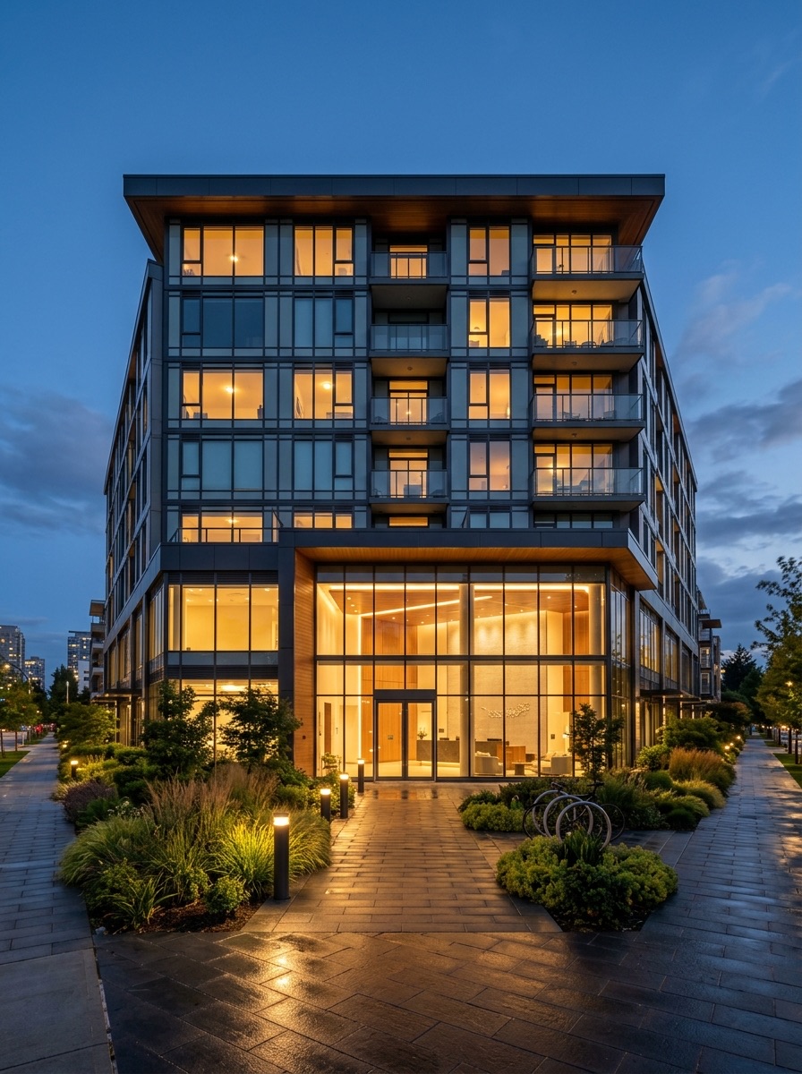 Managed property at dusk